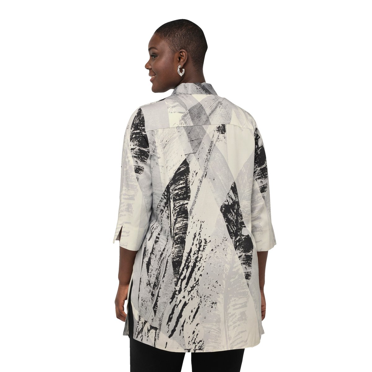 Blouse longue à motif plumes noir, ULLA POPKEN