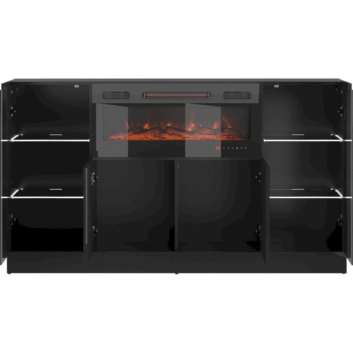 Buffet 4 portes avec cheminée électrique noir mat, RECOLLECTION