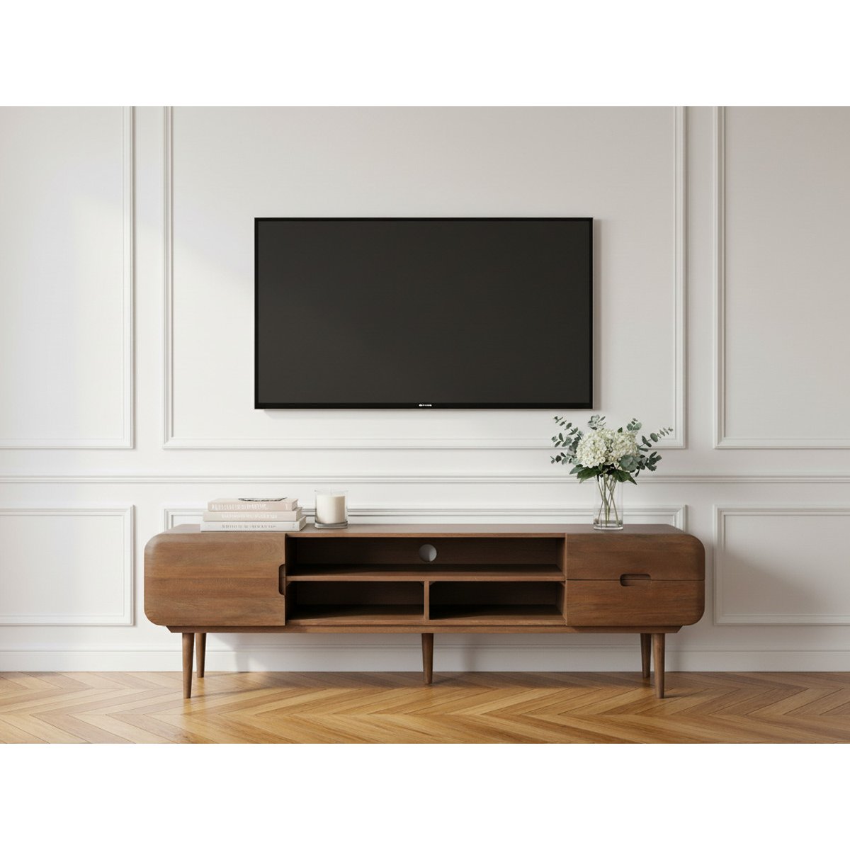 Meuble TV 180 cm bois massif, BRUNE marron foncé, BOBOCHIC