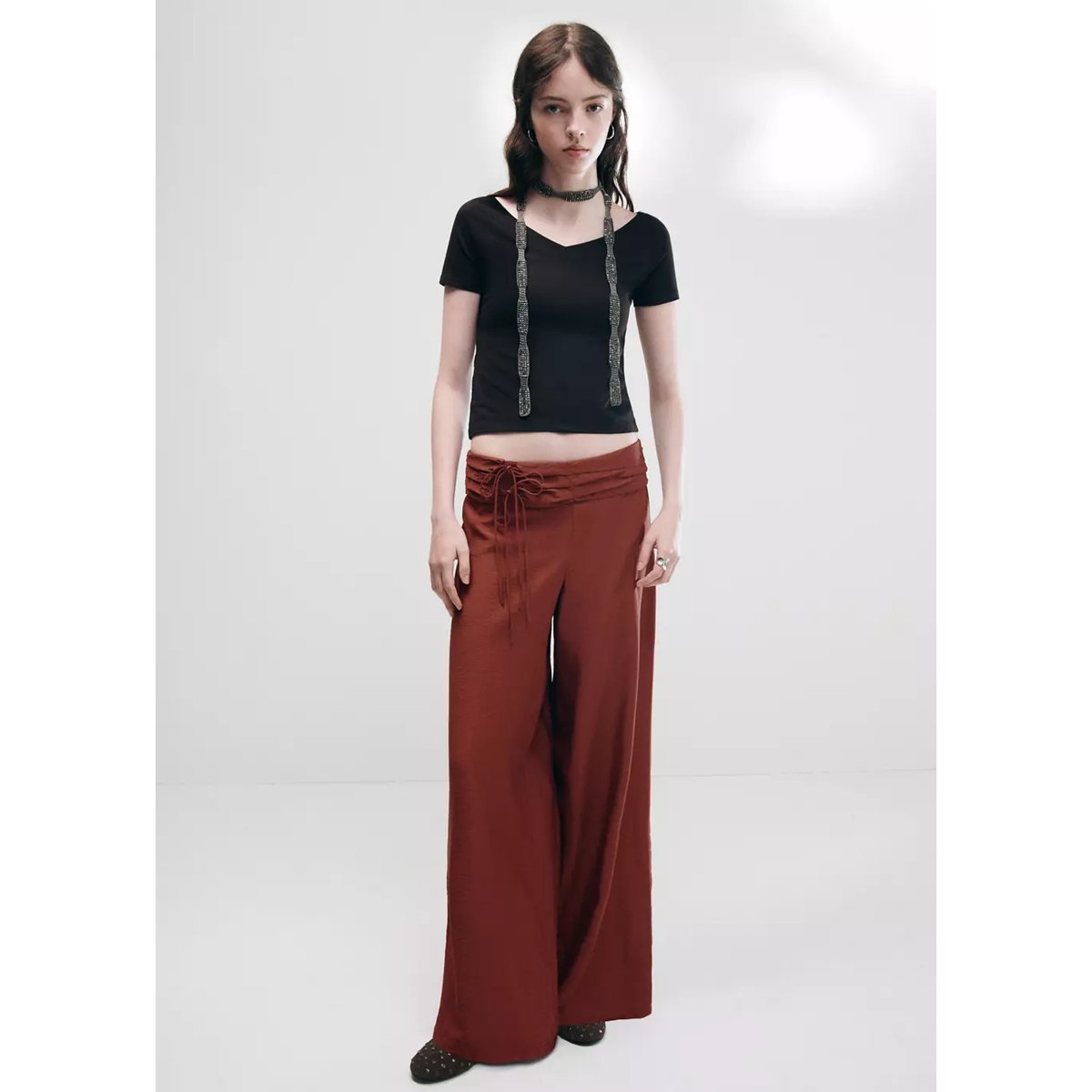 Pantalon droit détail nœuds orange brûlé, MANGO TEEN