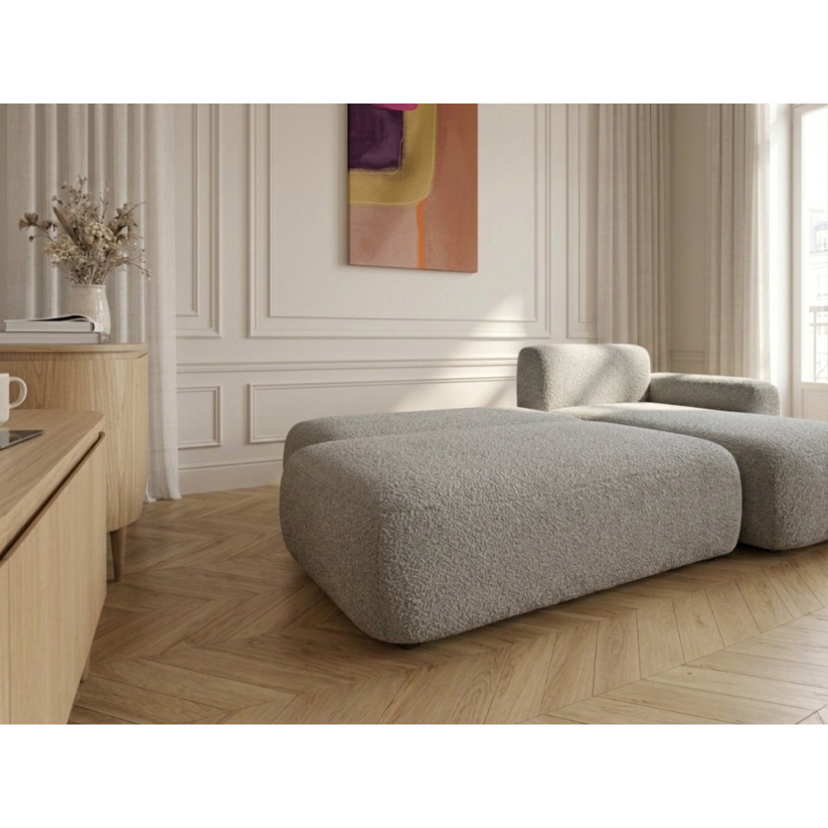 Canapé d'angle convertible 3 places en tissu bouclette, TANGO gris, BOBOCHIC