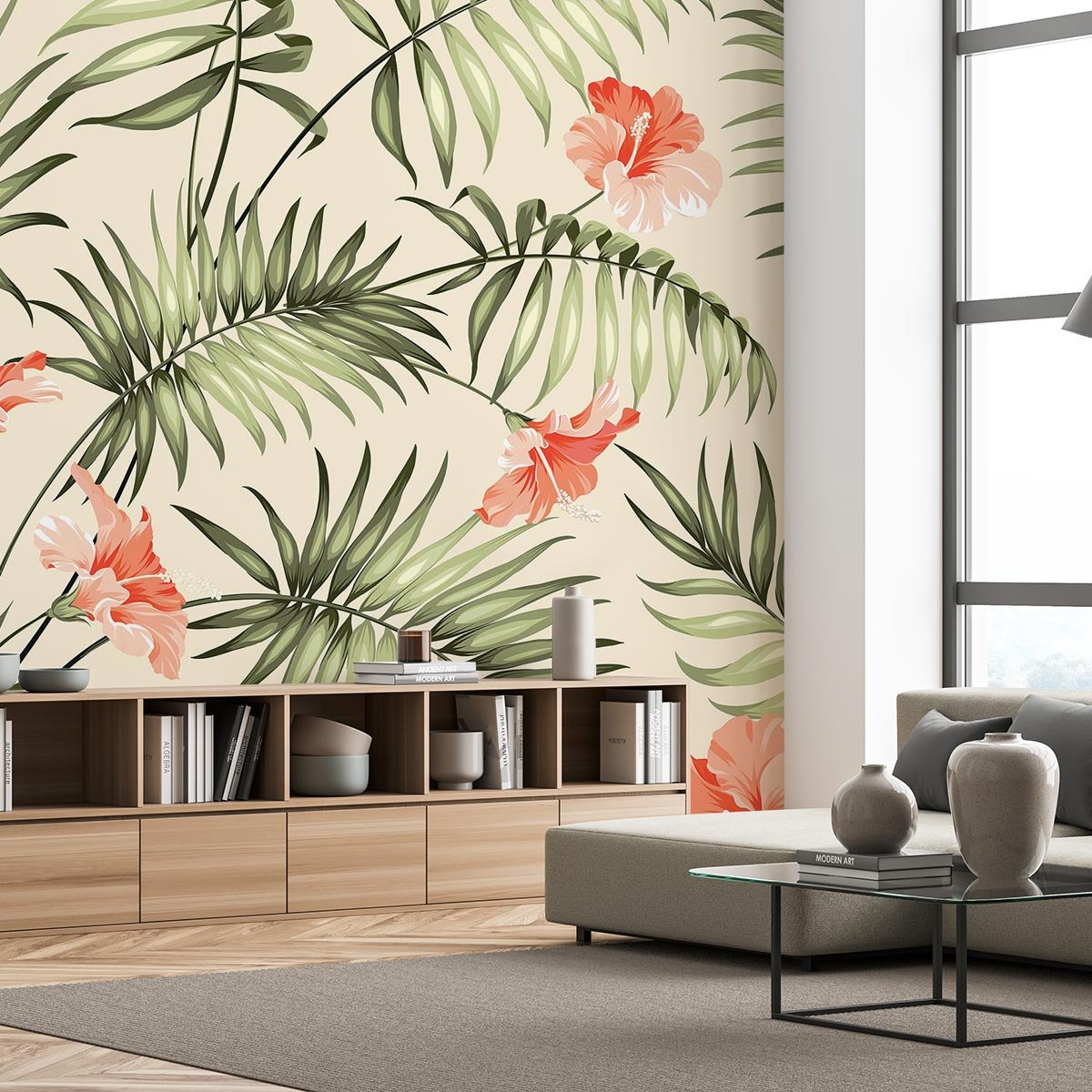 Papier peint fleurs roses tropicales intissé, HEXOA