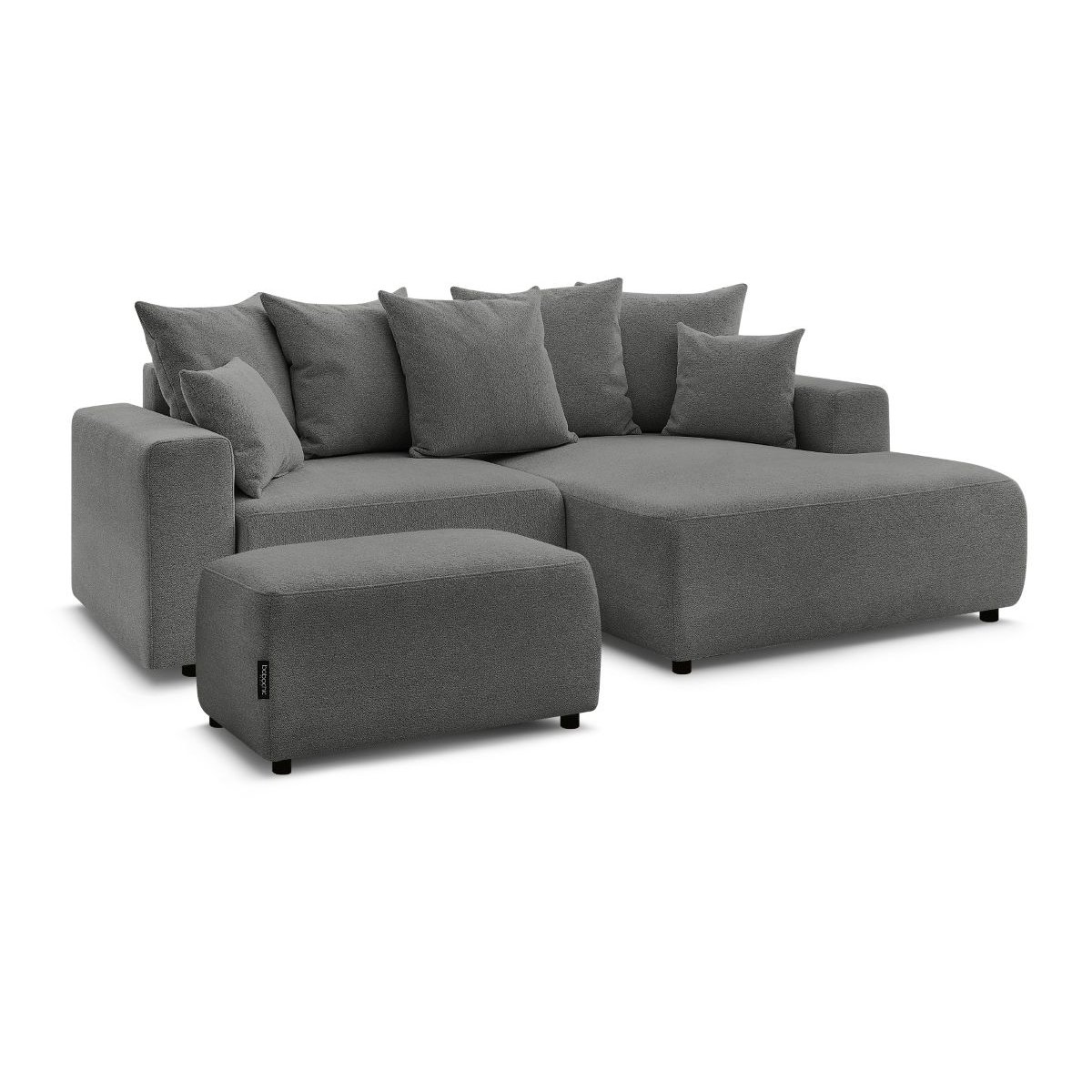 Canapé d'angle convertible 5 places en tissu chiné avec pouf, ATILLA gris foncé, BOBOCHIC
