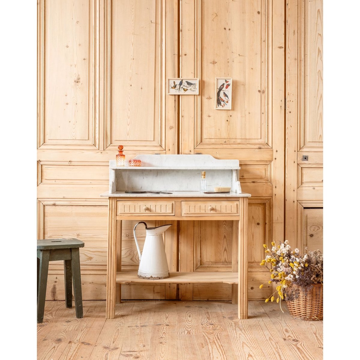 Coiffeuse en bois et marbre Louise N°331 - Bon état bois clair, DEBONGOUT
