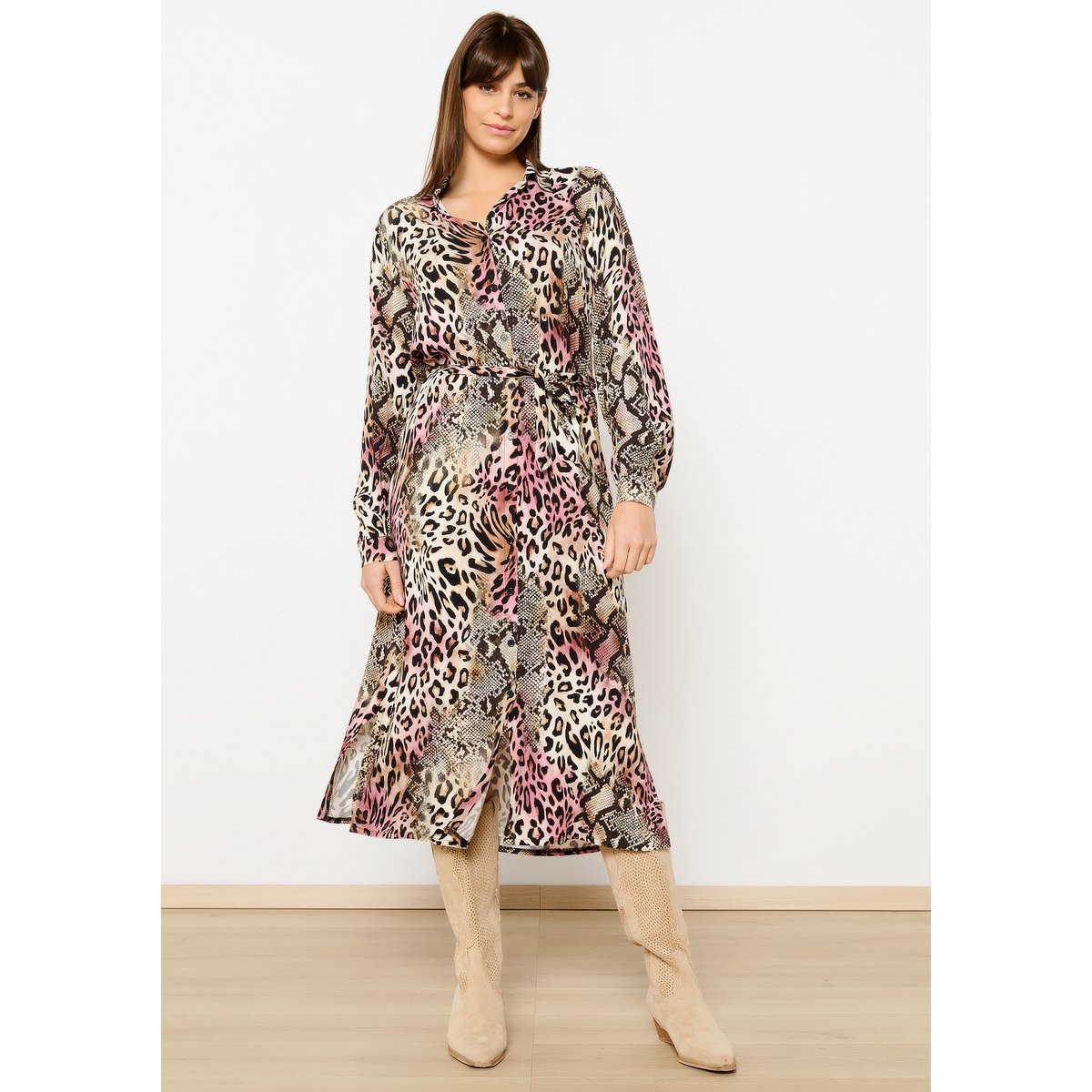Robe-chemise à imprimé animal clair camel, LOLALIZA