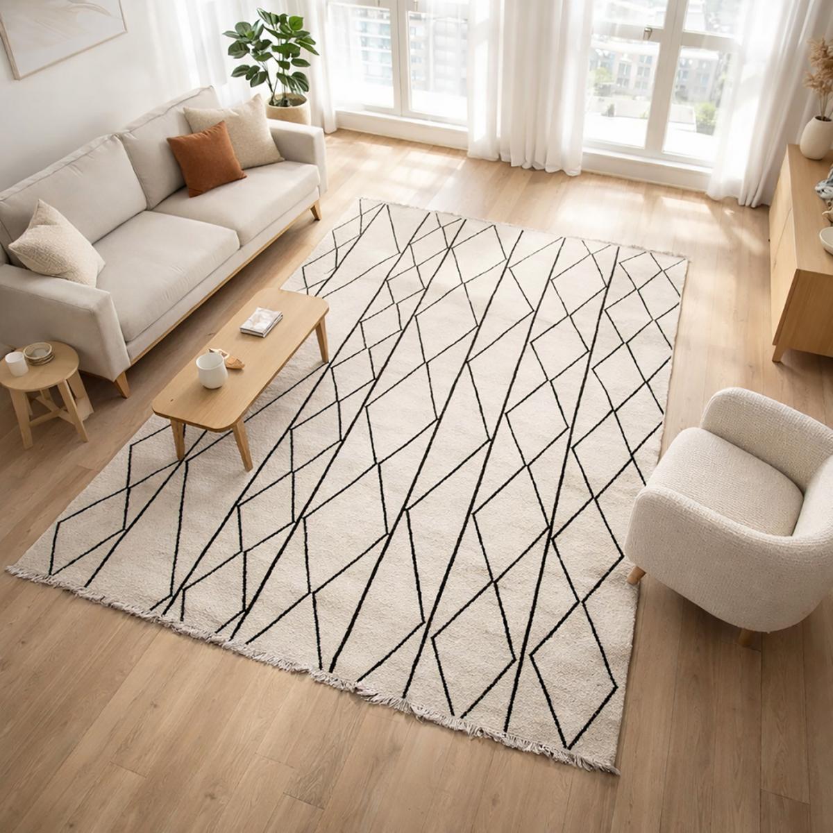 Tapis salon et chambre fait main en laine motif scandinave ELARA beige, noir, UN AMOUR DE TAPIS