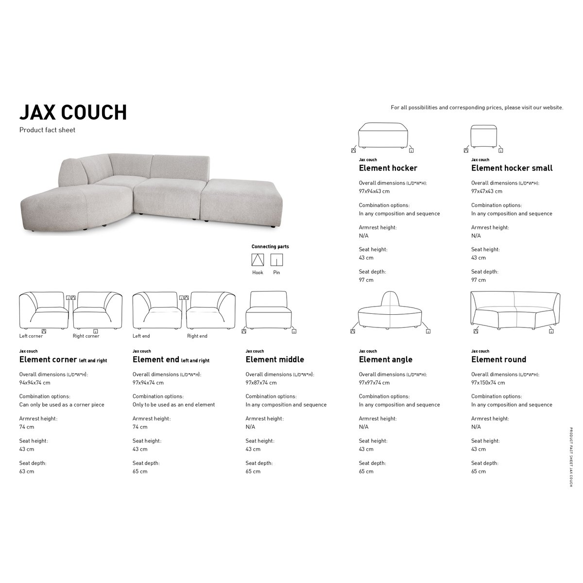 Repose-pieds en tissu rectangulaire Jax gris clair, HK LIVING