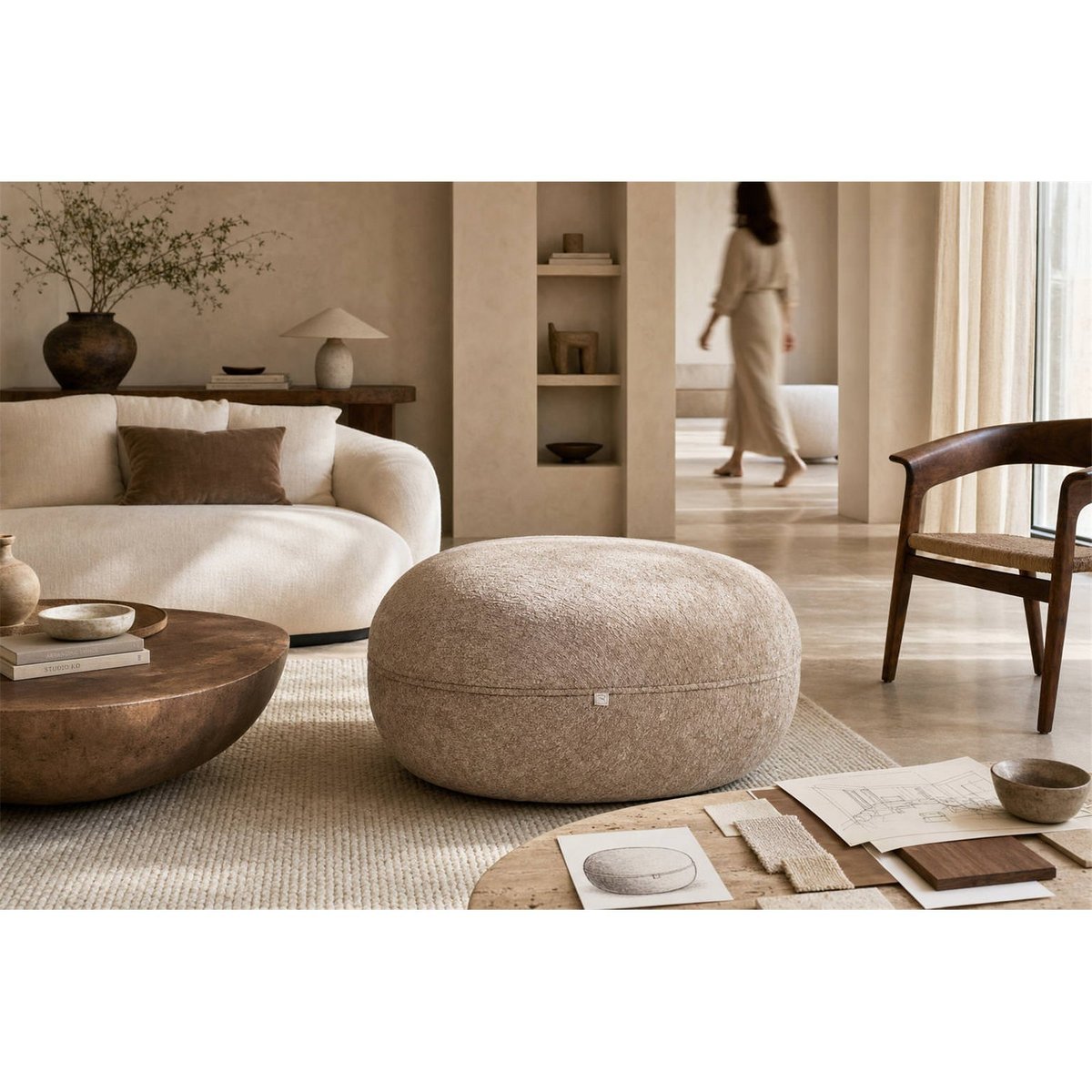 Pouf rond compact traitement déperlant sable, RECOLLECTION
