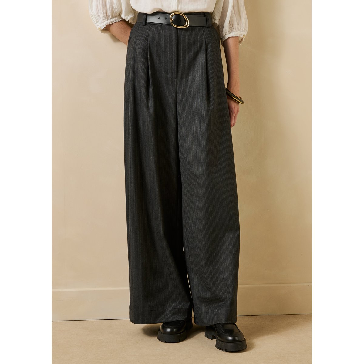 Pantalon large rayé taille haute anthracite, LA FEE MARABOUTEE