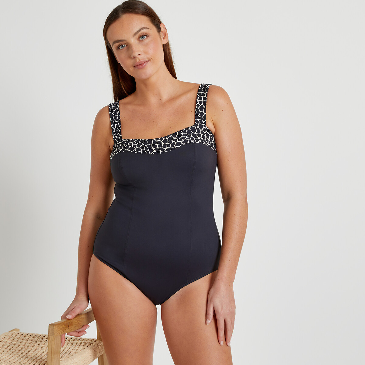 Tummy Toning Swimsuit white print/black, LA REDOUTE COLLECTIONS PLUS