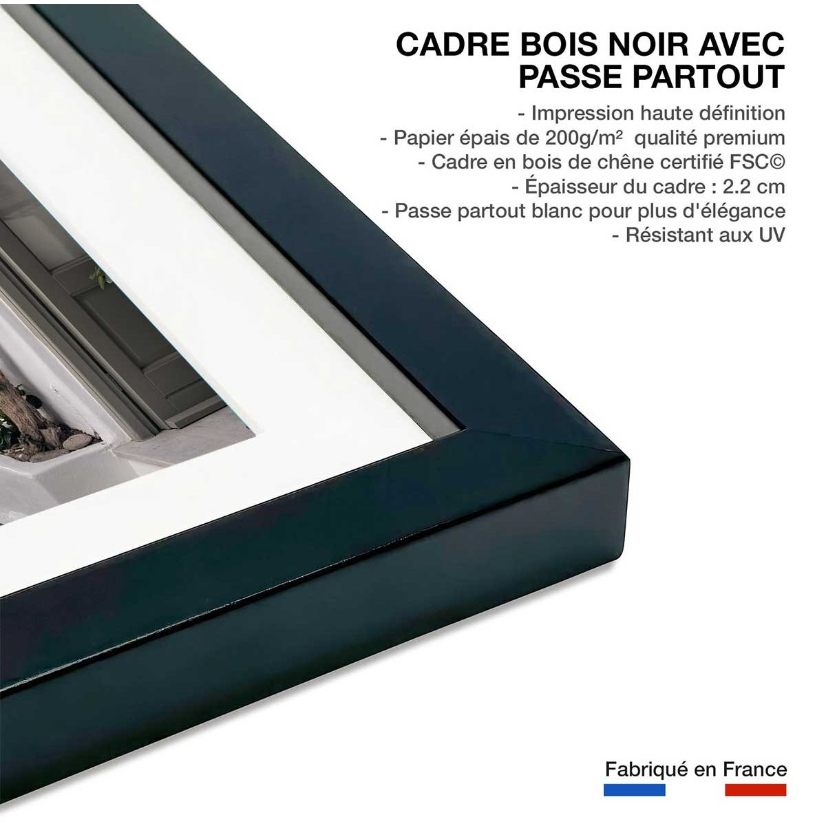 Poster bougainvilliers paros affiche + cadre en bois - noir, HEXOA
