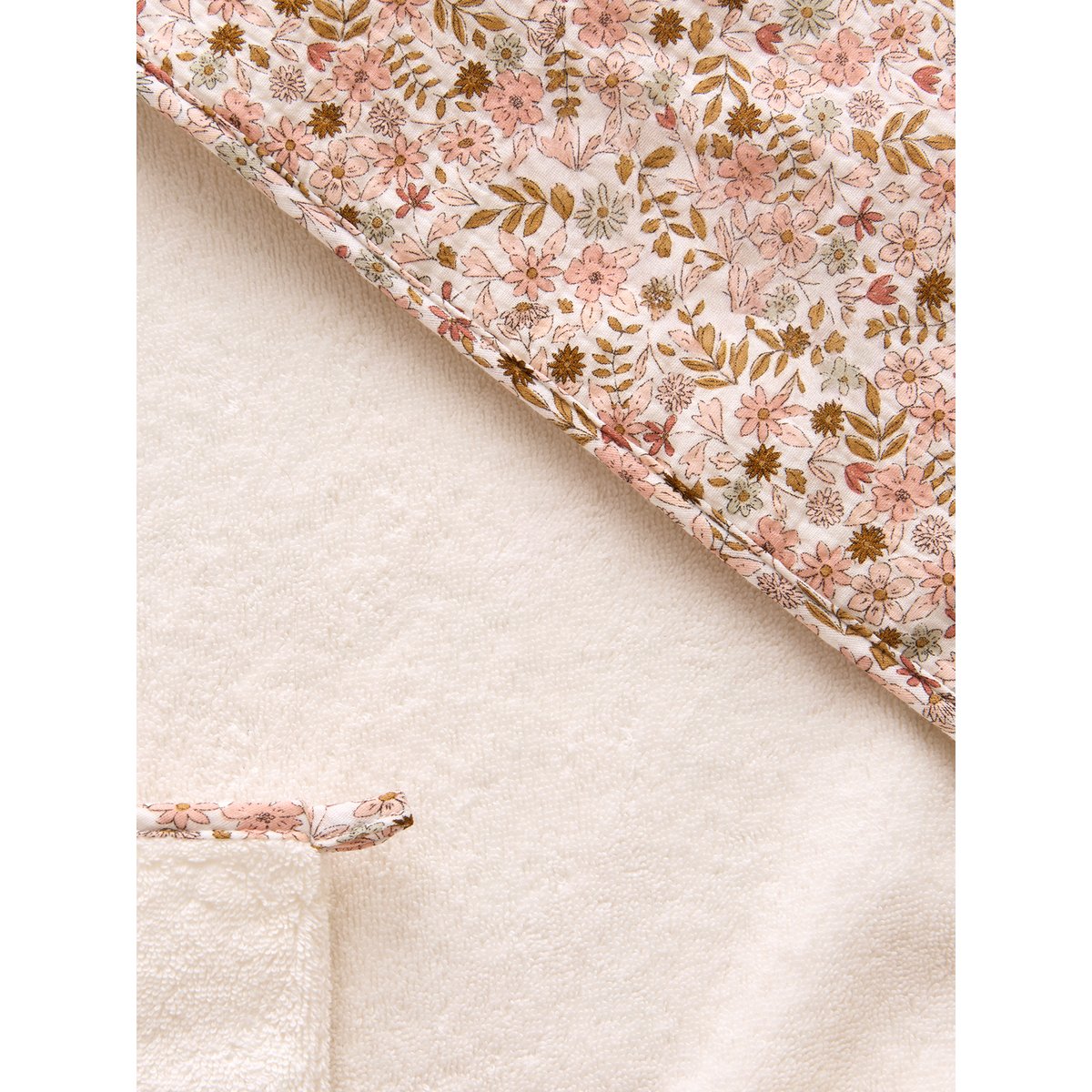 Cape de bain gaze de coton + gant de toilette FLORA blanc imprimé, VERTBAUDET