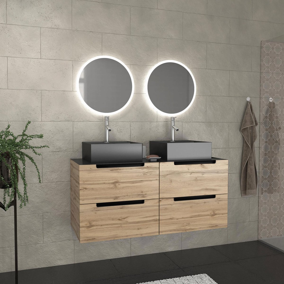 Ensemble de salle de bains avec 2 vasques rectangulaires et 2 miroirs ronds à led naturel, HOME MAISON