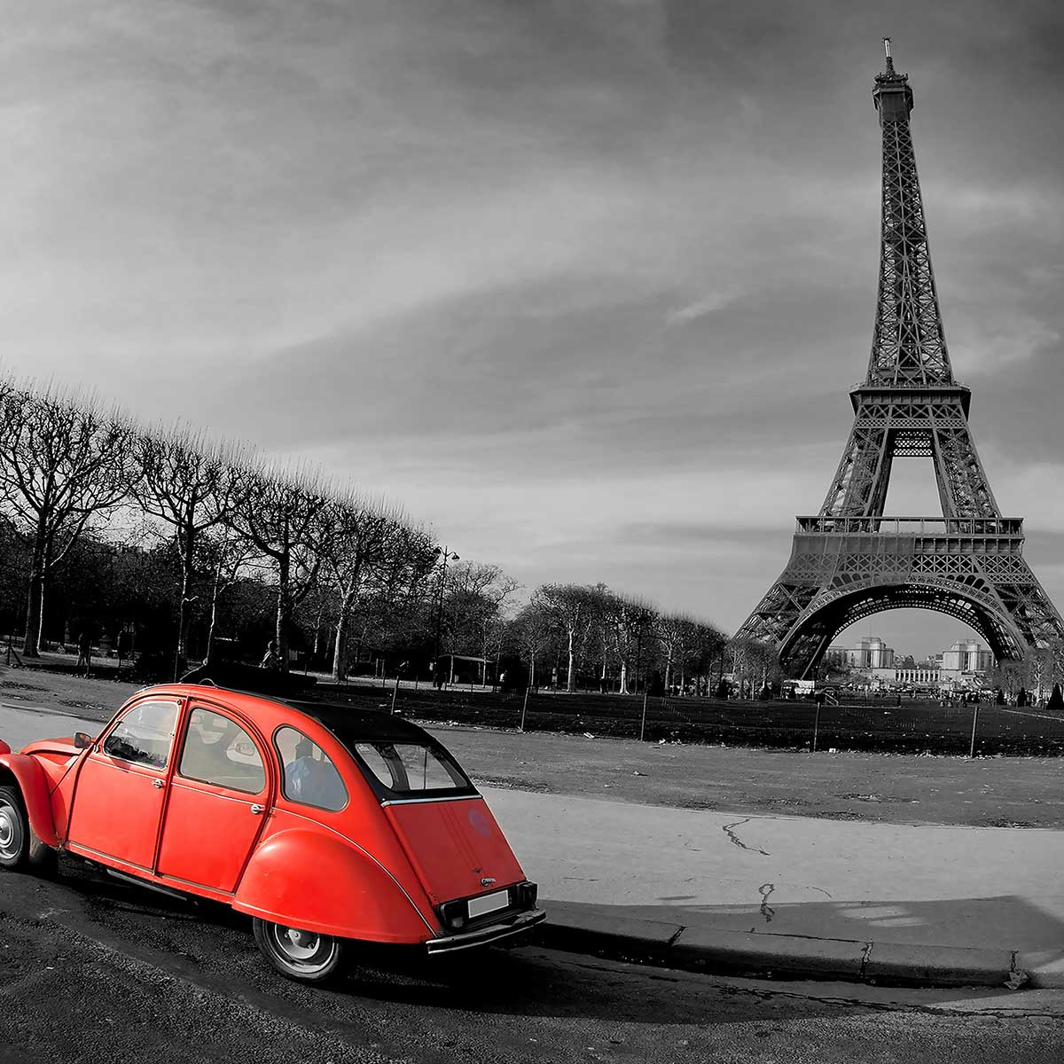 Affiche paris tour eiffel et 2cv rouge affiche + cadre en bois - noir, HEXOA