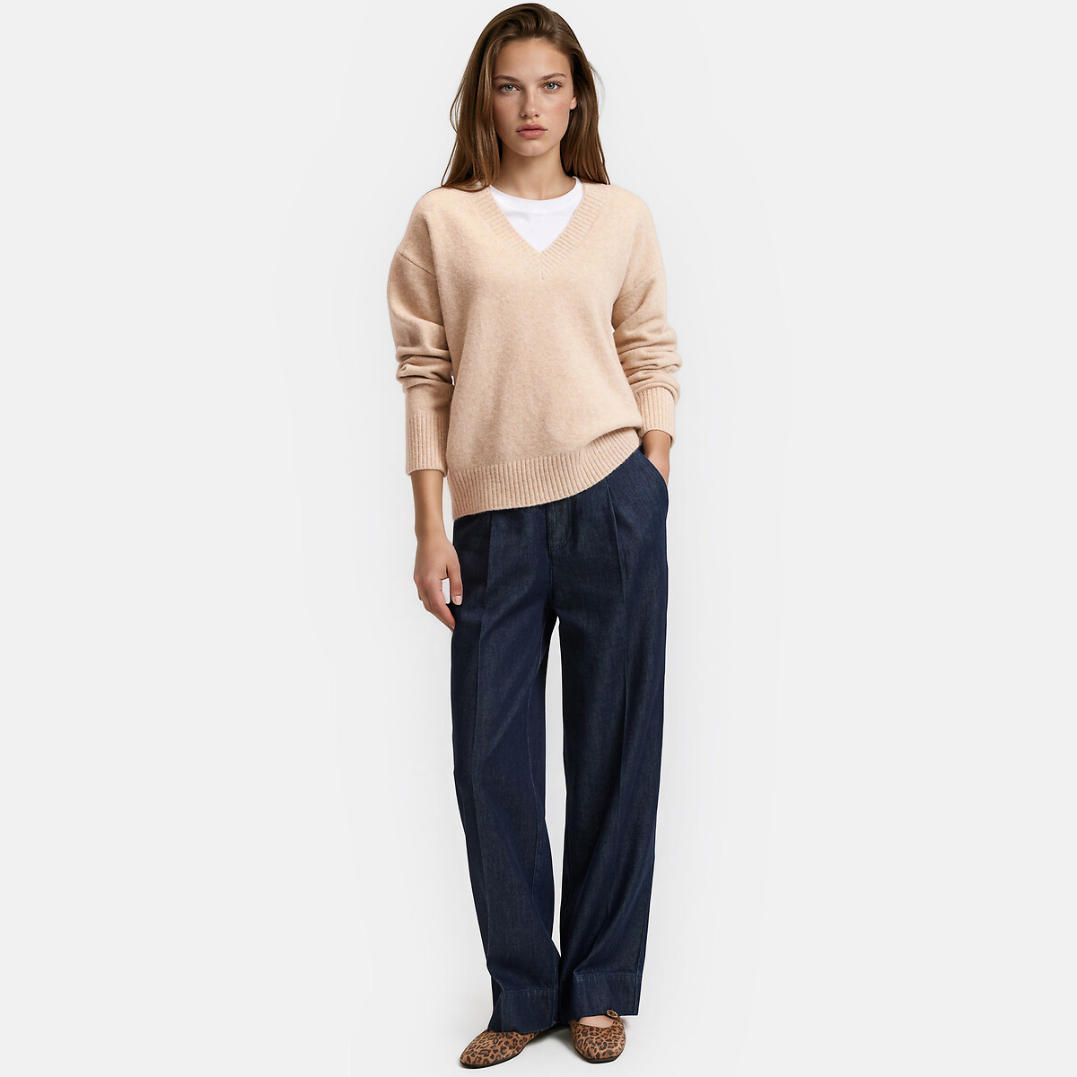 Pantalon large denim, taille haute, plis marqués bleu brut, LA REDOUTE COLLECTIONS
