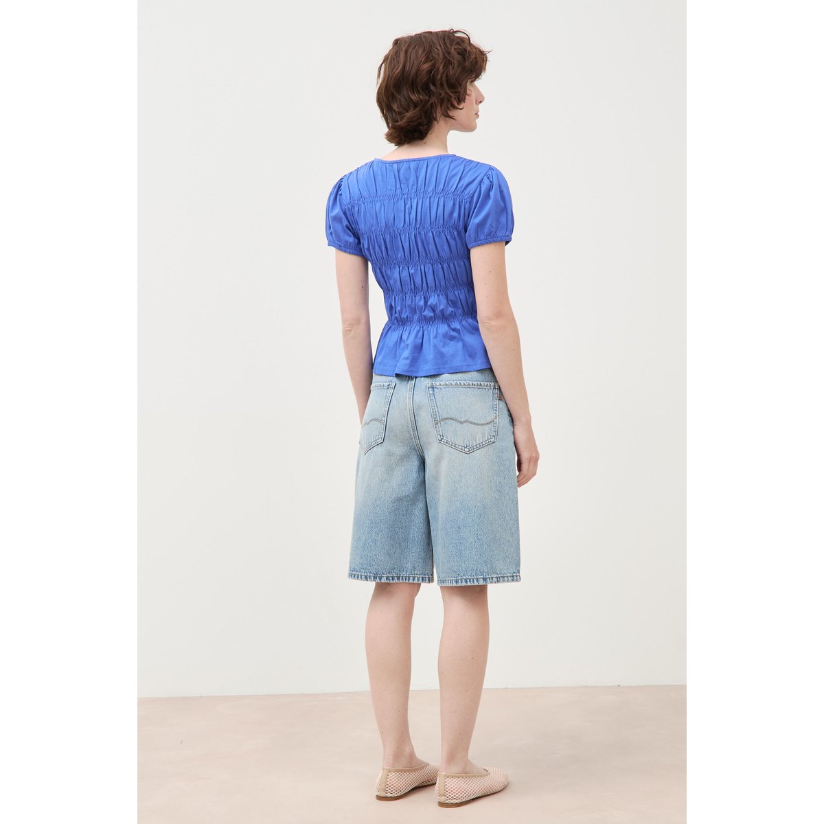 T-shirt froncé col rond manches courtes bleu electrique, BONOBO