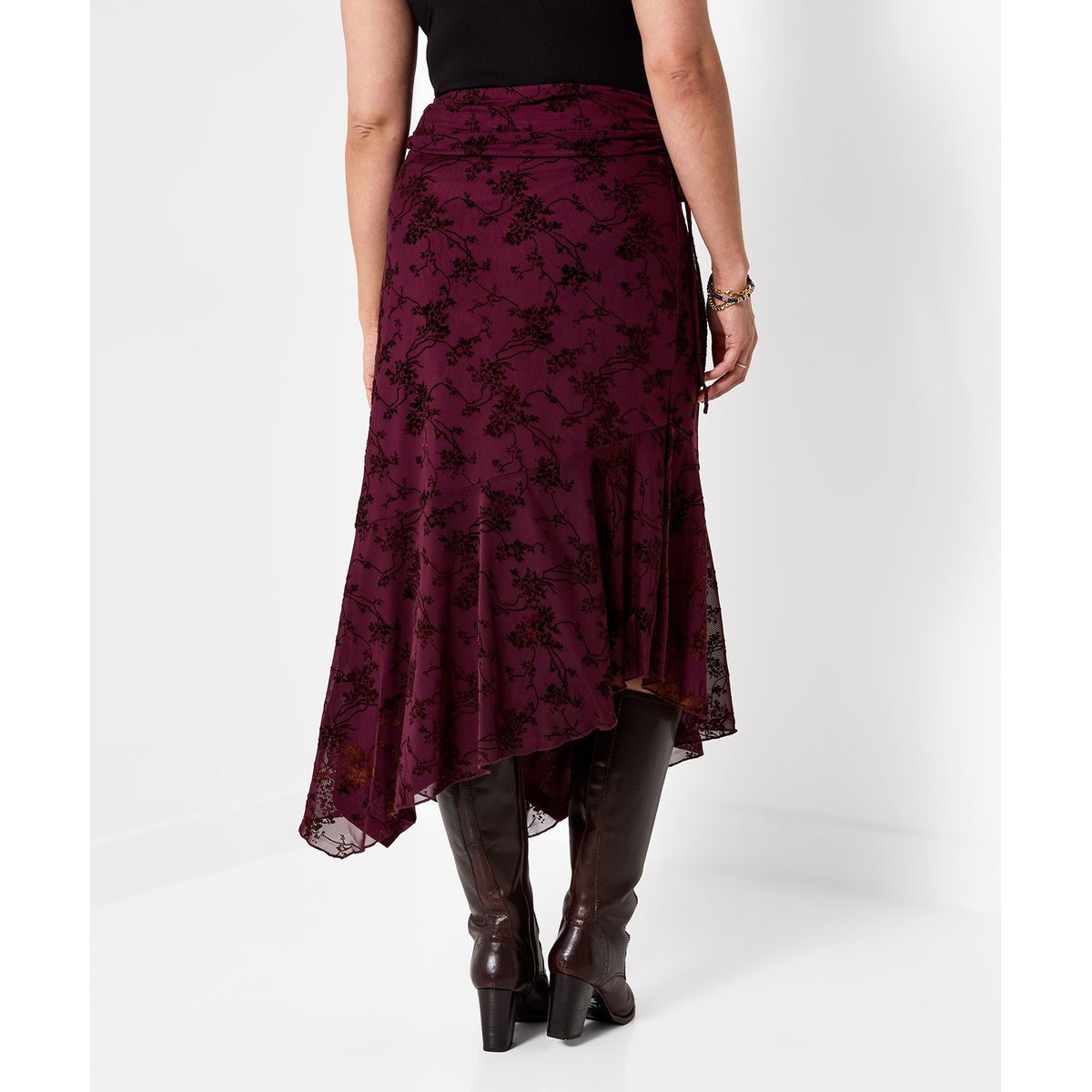 Jupe Asymétrique Floquée Fleurie à Détail Lacé rouge, JOE BROWNS