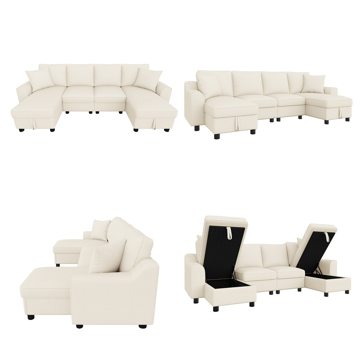 Canapé d'angle U coffre de rangement en chenille, VASEC beige, MEUBLES COSY