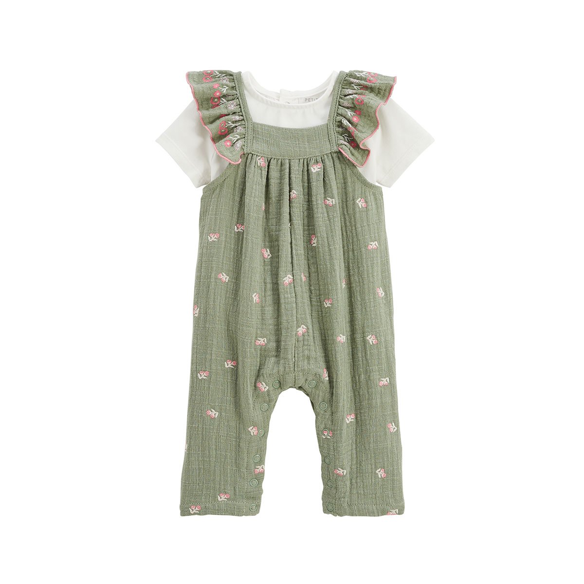 Ensemble salopette bébé en gaze de coton et t-shirt Anaelle kaki, PETIT BEGUIN