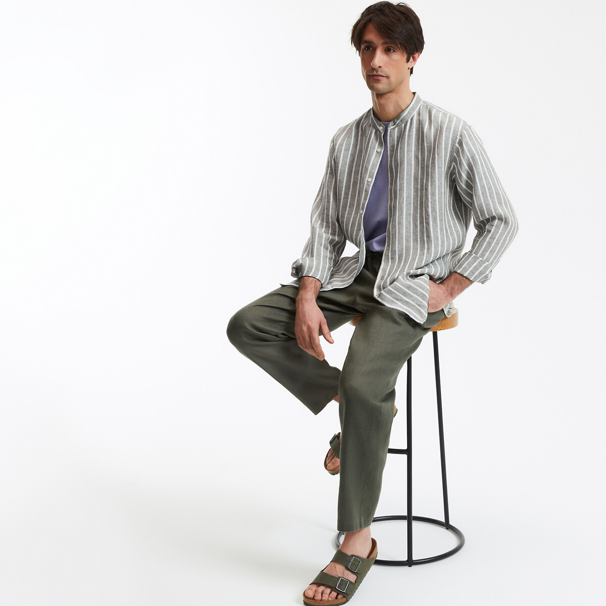 Straight Striped Linen Shirt with Mandarin Collar green/white stripes, LA REDOUTE COLLECTIONS