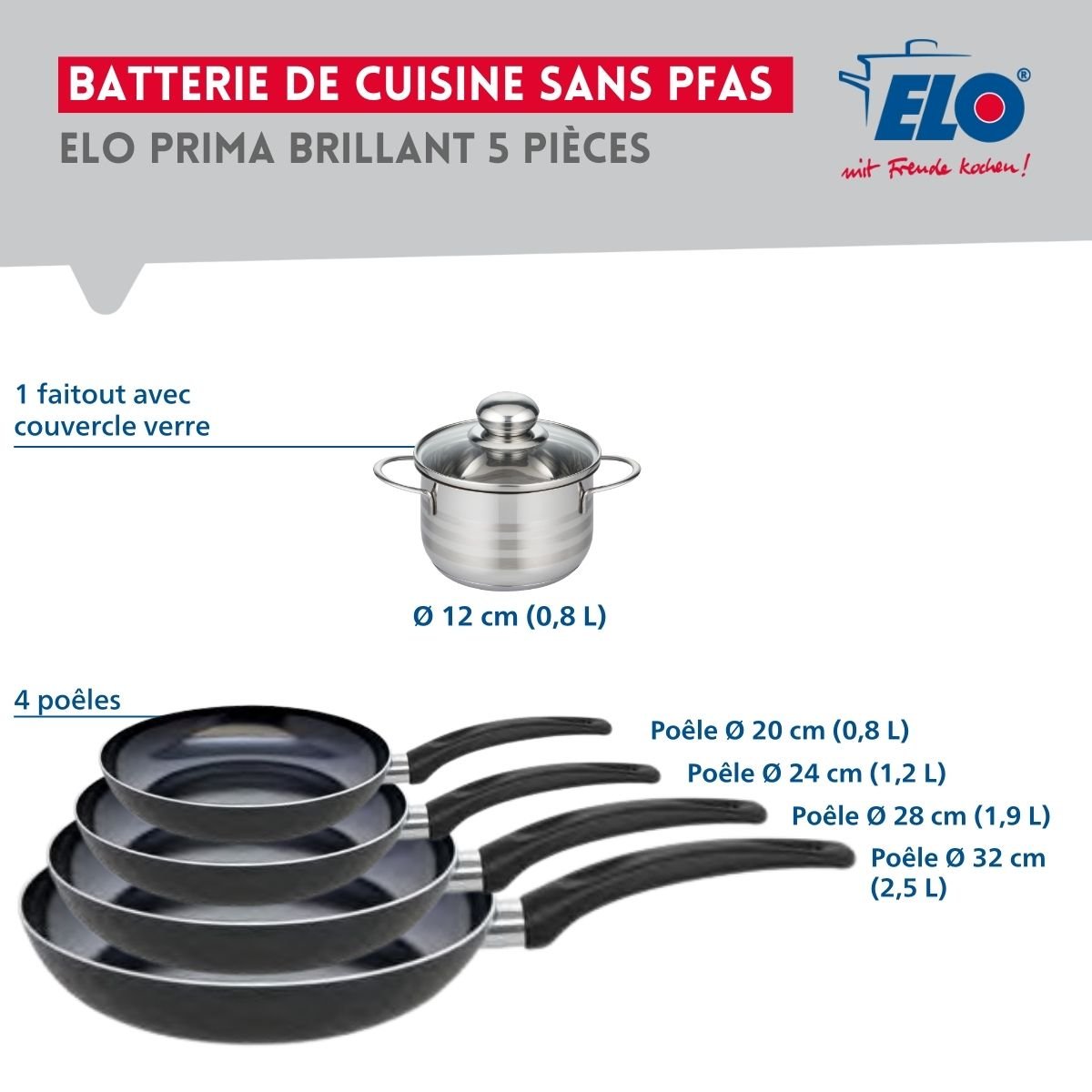 Batterie 4 poêles 20/24/28/32cm + 1 faitout 12cm PRIMA BRILLANT noir, ELO