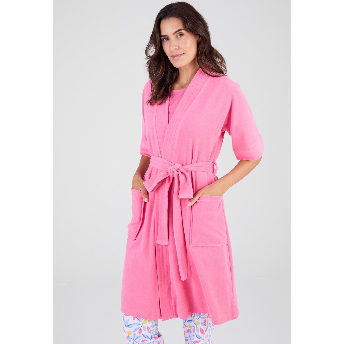Robe de chambre forme kimono, maille bouclette rose, DAMART