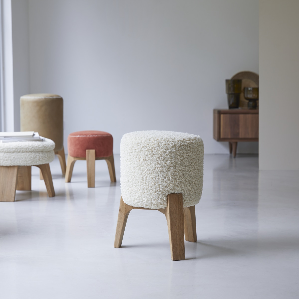 Pouf en Tissu, DRUM blanc, TIKAMOON