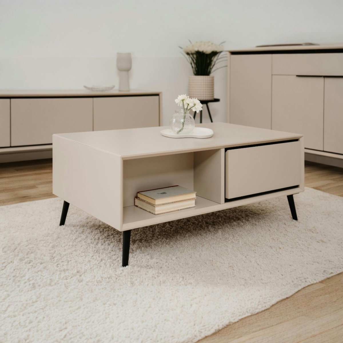 Table basse moderne taupe 2 tiroirs 2 niches AVIO beige, PIER IMPORT