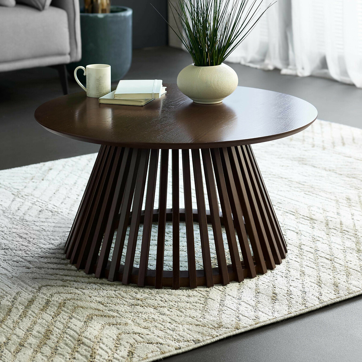 Osric Round Dark Oak Slatted Coffee Table dark oak wood, SO'HOME