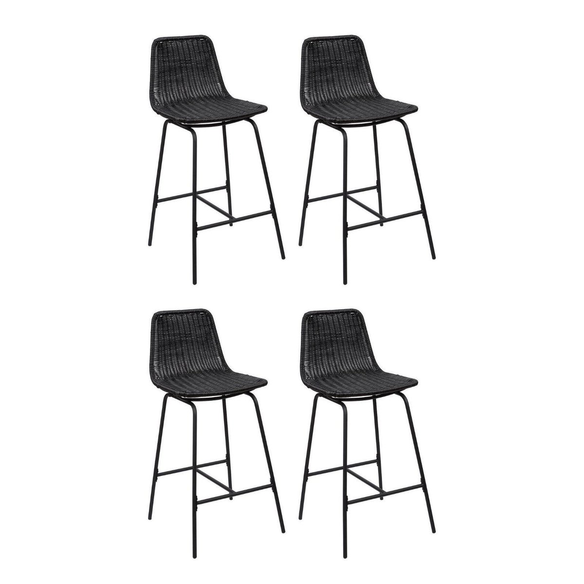Lot de tabourets de bar et d'ilot en métal avec assise en rotin 65cm KUTA|Lot de 4 | Lot de 4 noir, MOB IN