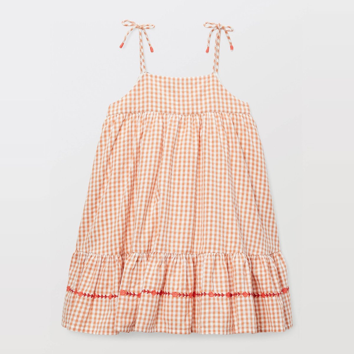 Robe vichy brodée en coton ecrevisse, MONOPRIX