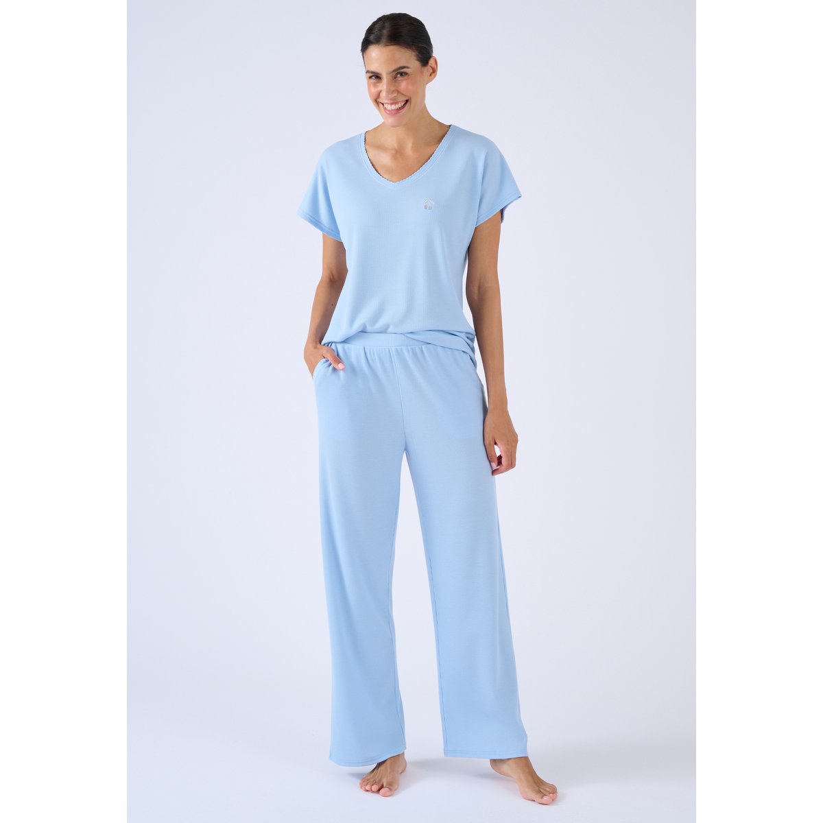 Pyjama 7/8ème en maille gaufrée bleu, DAMART