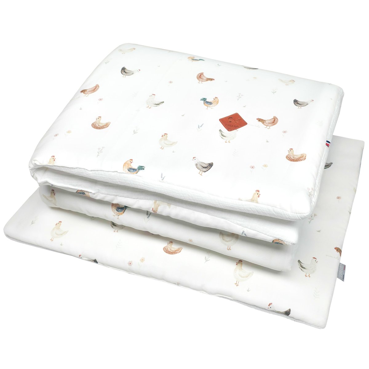 Couette et oreiller - prêt à dormir en satin de coton GALLINA écru – motif poules champêtre, SEVIRA KIDS