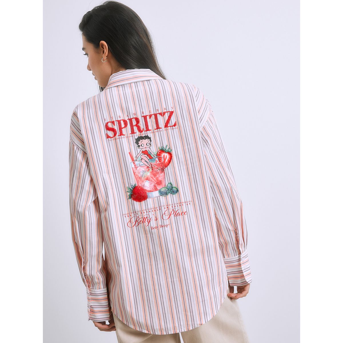 Chemise boyfriend oversize rayures roses à imprimé betty boop, NEXT