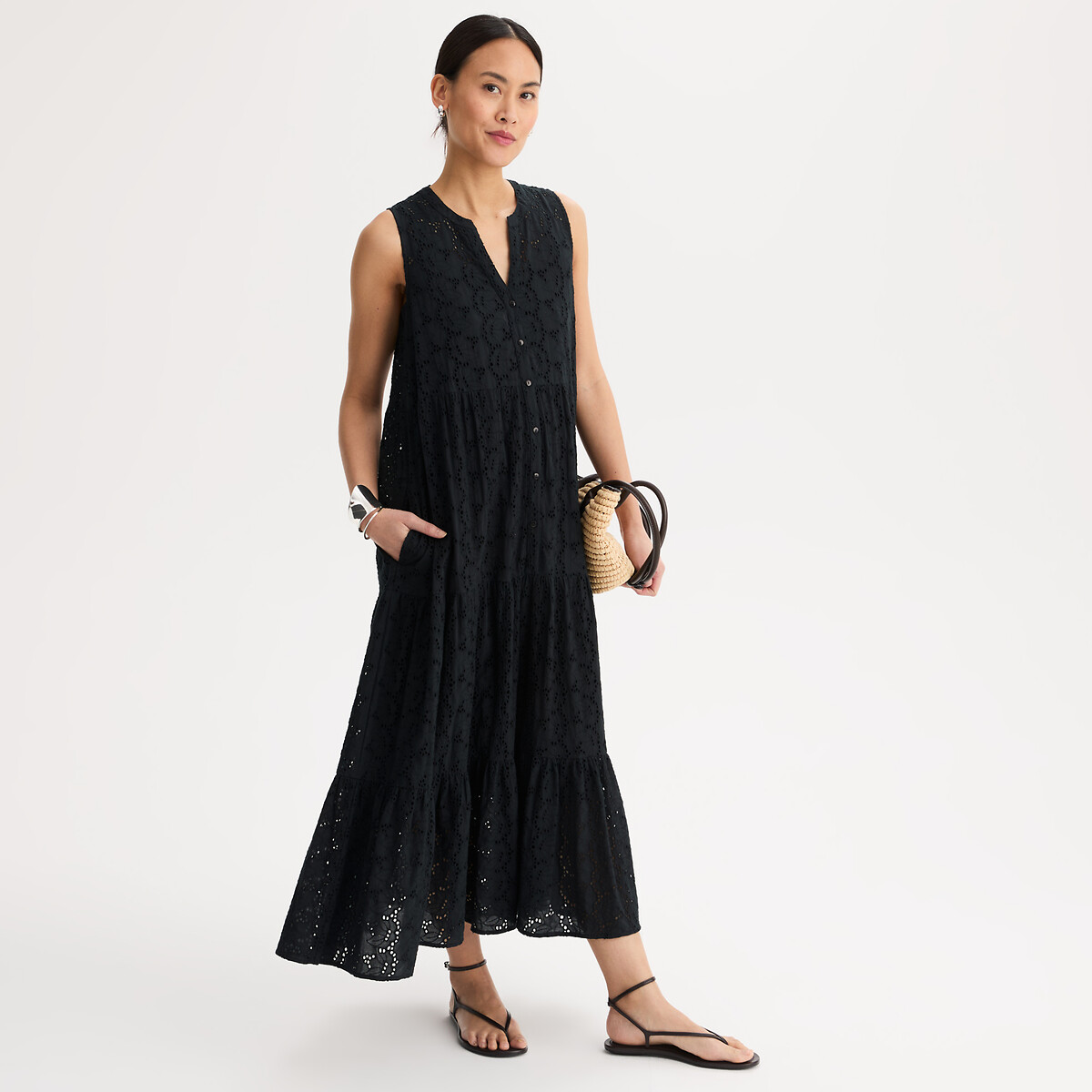 Robe évasée brodée, longue, sans manches noir, ANNE WEYBURN