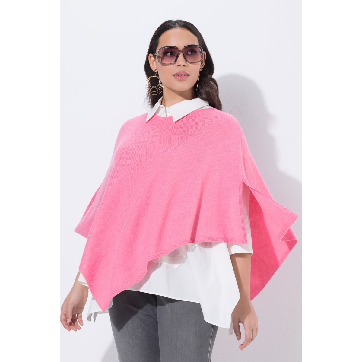 Poncho en maille de laine mélangée rose vif, ULLA POPKEN