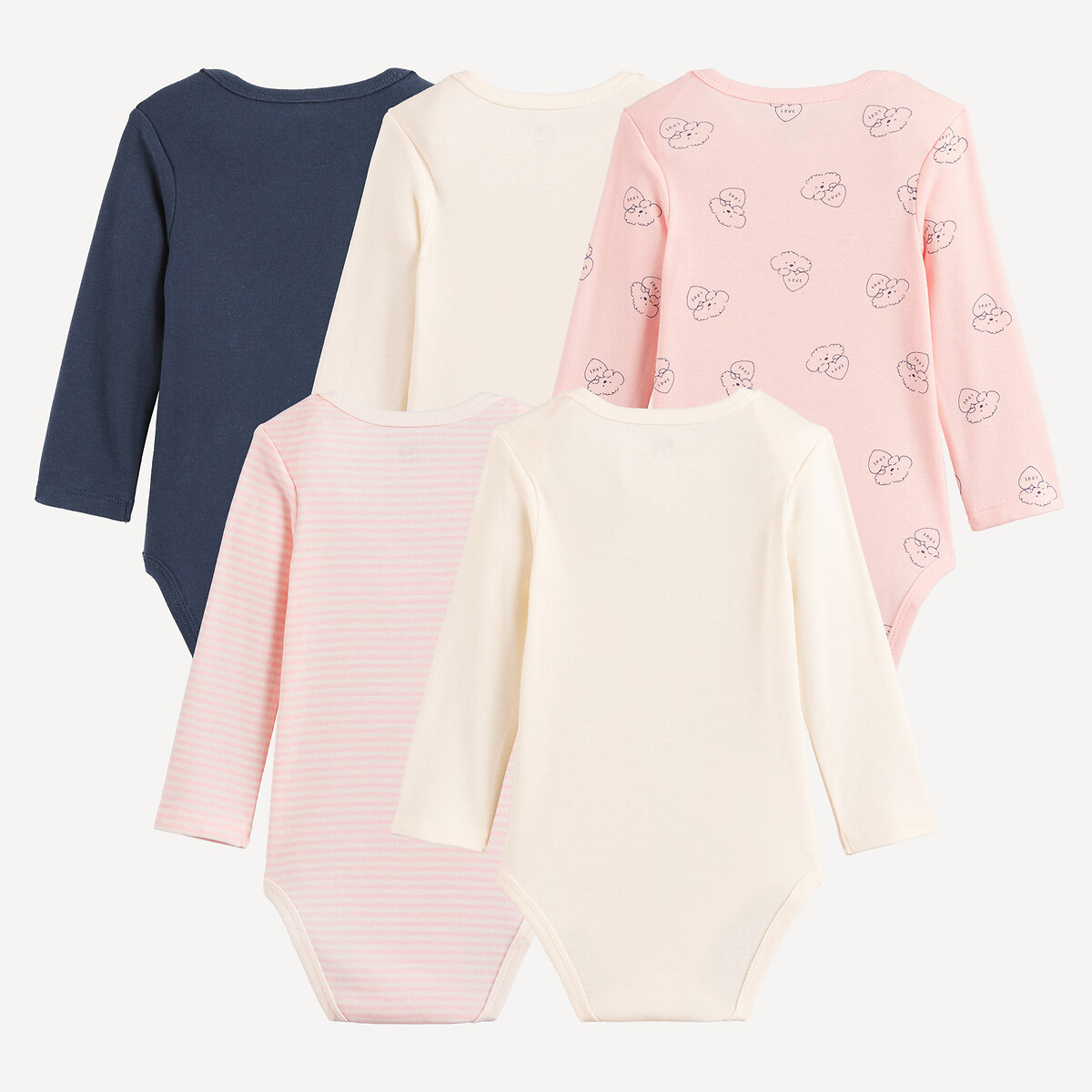 Lot de 5 bodies à manches longues, emmanchures américaines, thème chien et coeur marine + rose + écru, LA REDOUTE COLLECTIONS