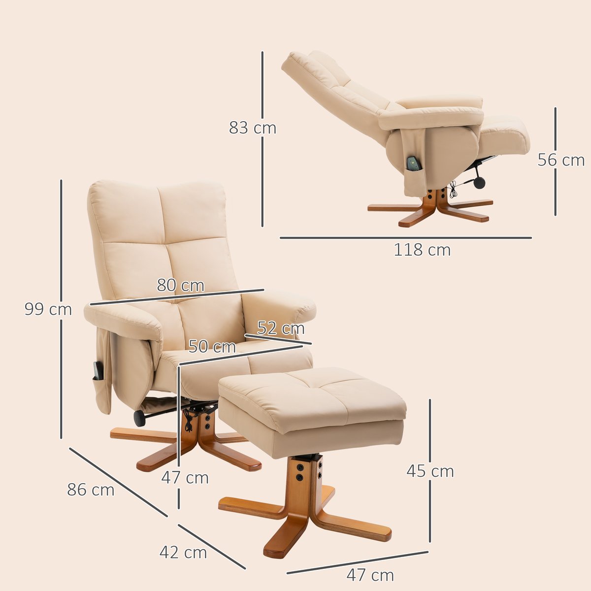 Ensemble fauteuil de massage inclinable avec crème, HOMCOM