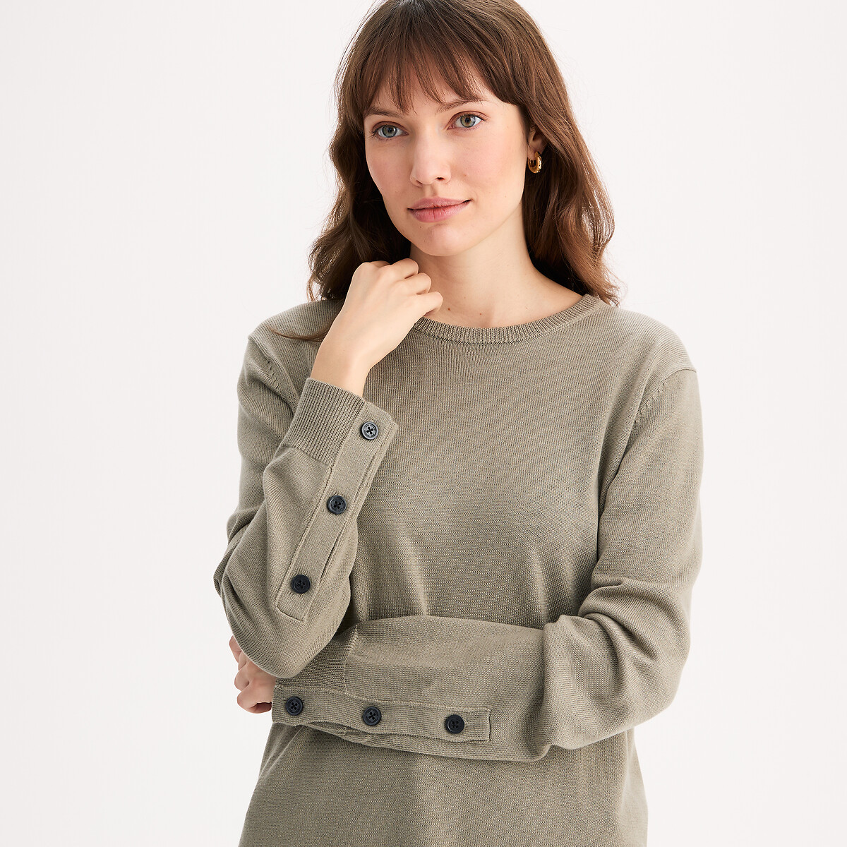 Pull col rond en fine maille, en laine mélangée vert sauge, ANNE WEYBURN