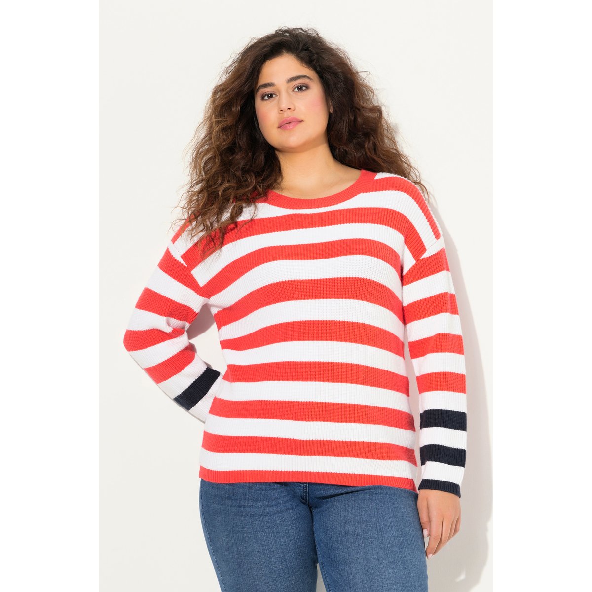 Pull rayé, col rond et manches longues rouge hibiscus, ULLA POPKEN
