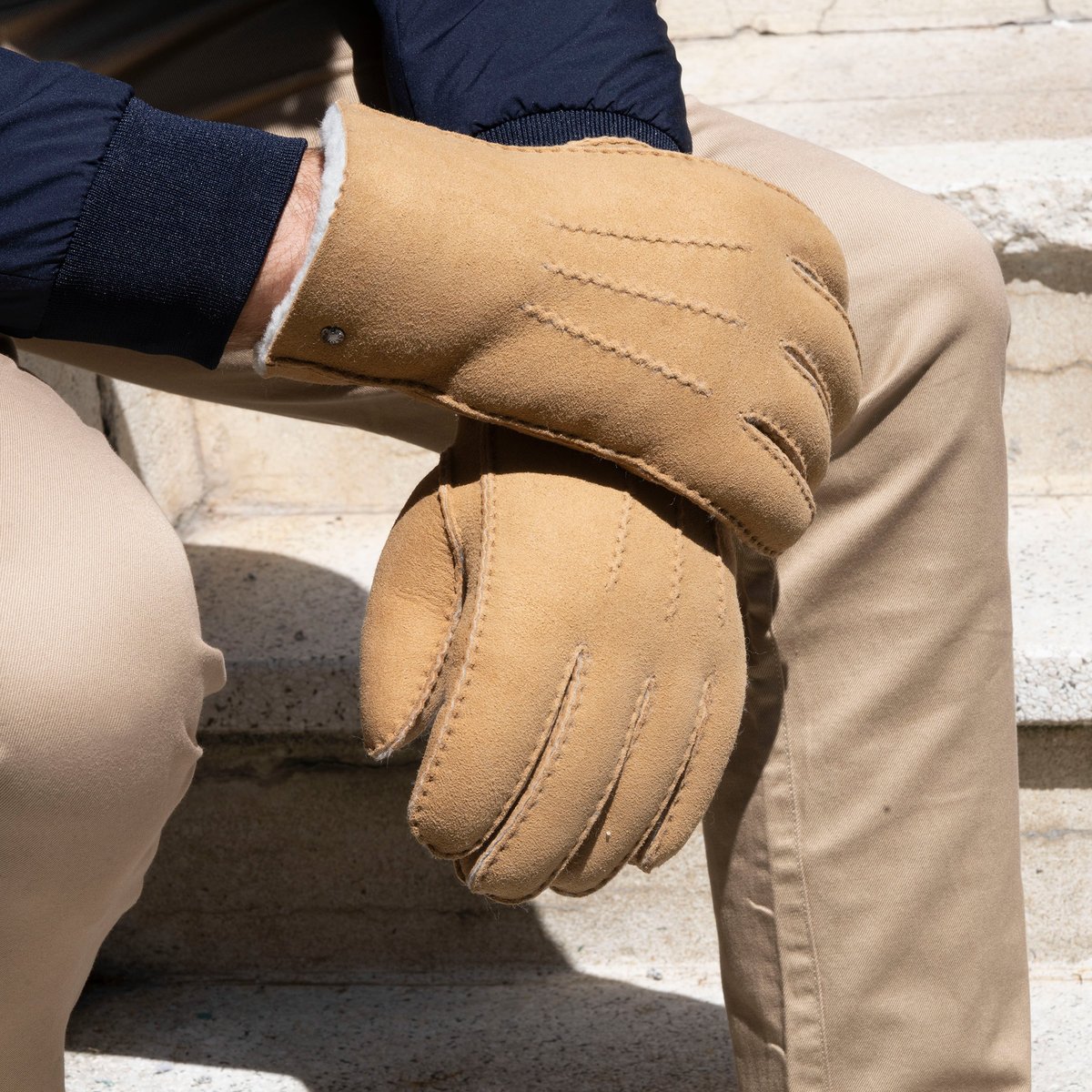 Gants chauds et doux, en cuir de mouton retourné beige caramel, ISOTONER