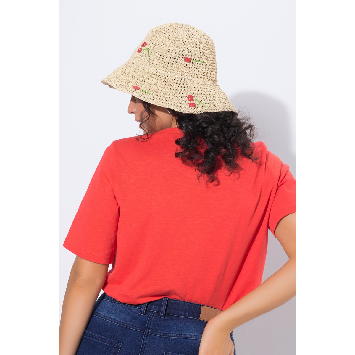 Chapeau en paille de papier, motif fleurs beige, ULLA POPKEN