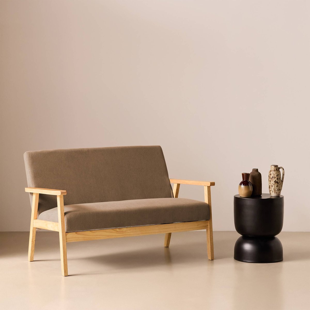 Canapé banquette 2 places bois d'hévéa velours côtelé ISAK taupe, SWEEEK