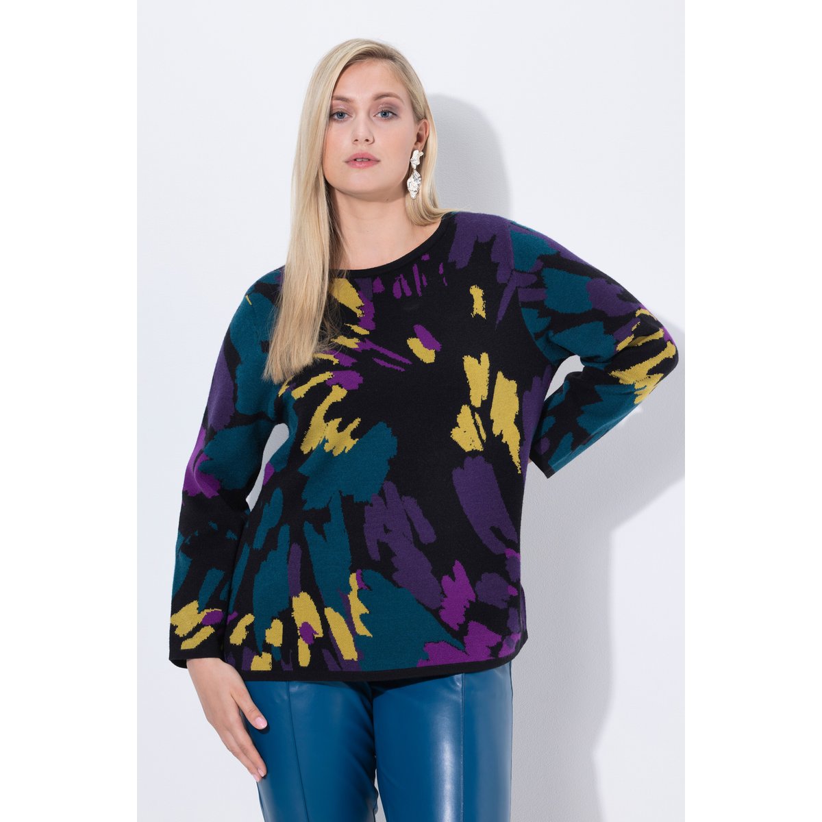 Pull motif Jacquard, encolure bateau noir, ULLA POPKEN