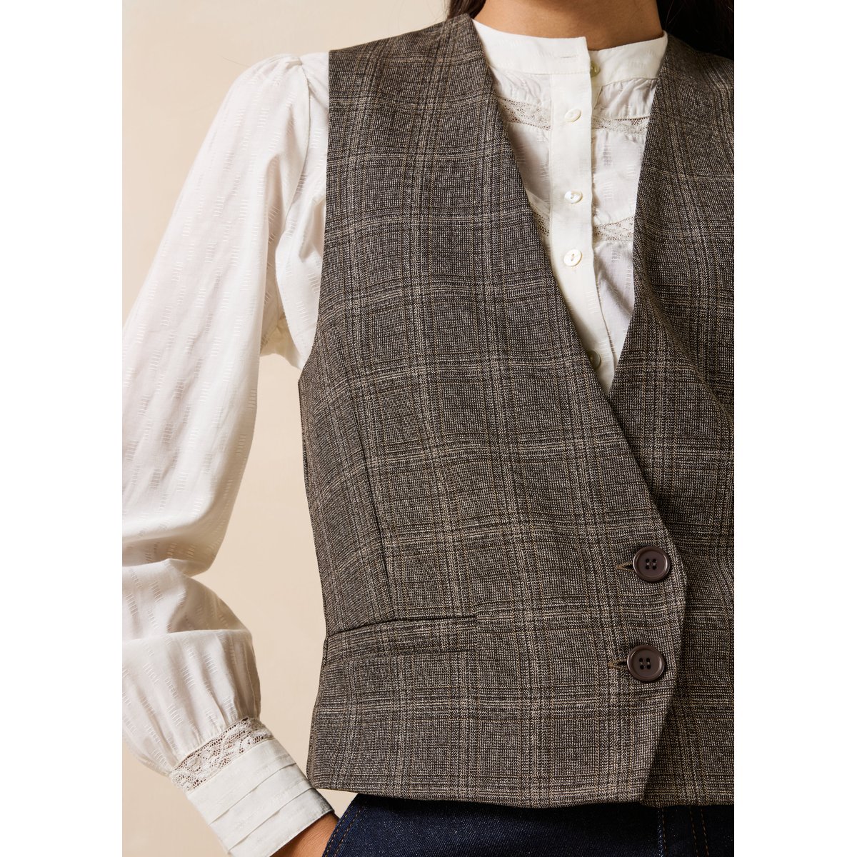 Veste sans manches col V à carreaux marron, LA FEE MARABOUTEE