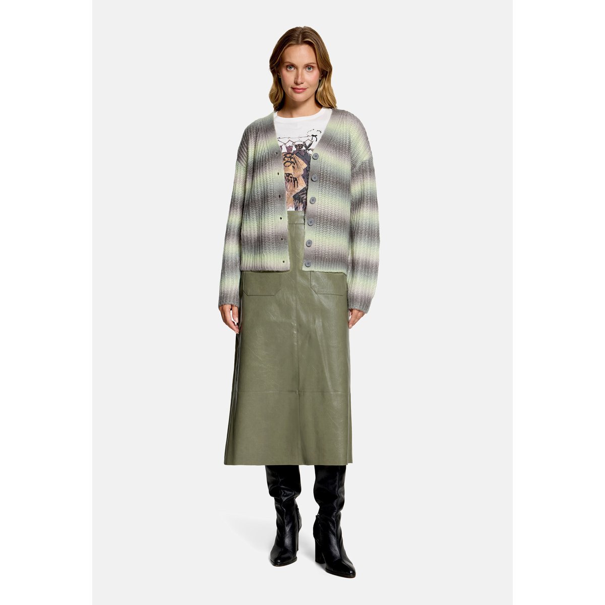 Cardigan en maille à encolure en v khaki/cream, CARTOON