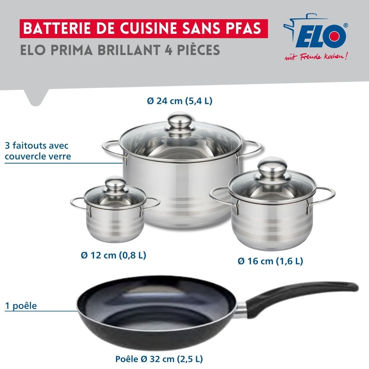 Batterie 1 poêle 32cm + 3 faitouts 12/16/24cm PRIMA BRILLANT noir, ELO