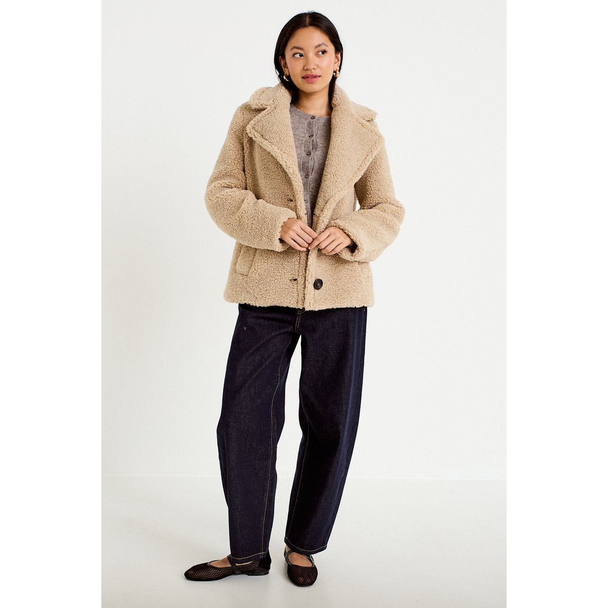 Manteau droit bouclettes col tailleur beige, CACHE CACHE