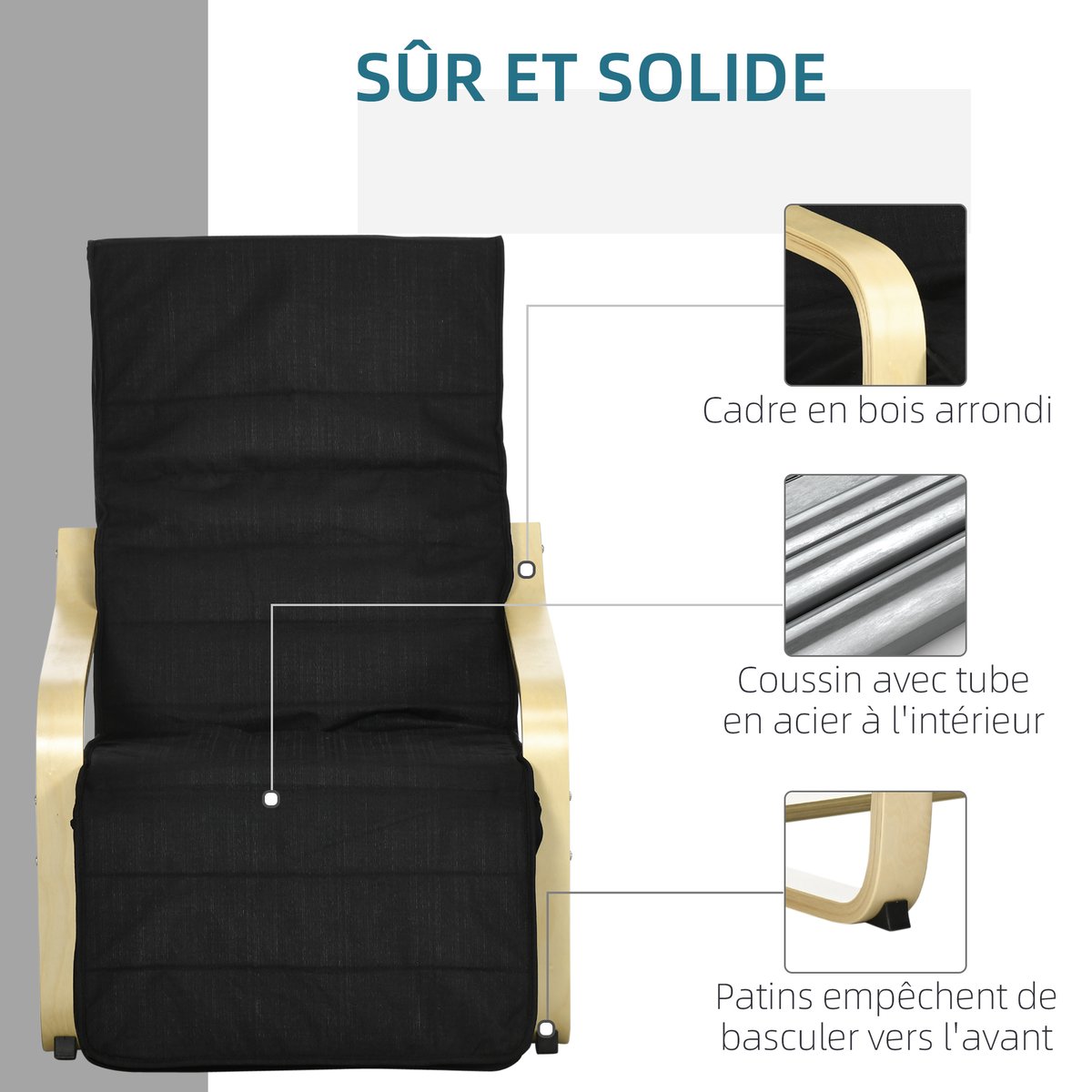 Accent Chair Bois Noir noir et bois naturel, HOMCOM