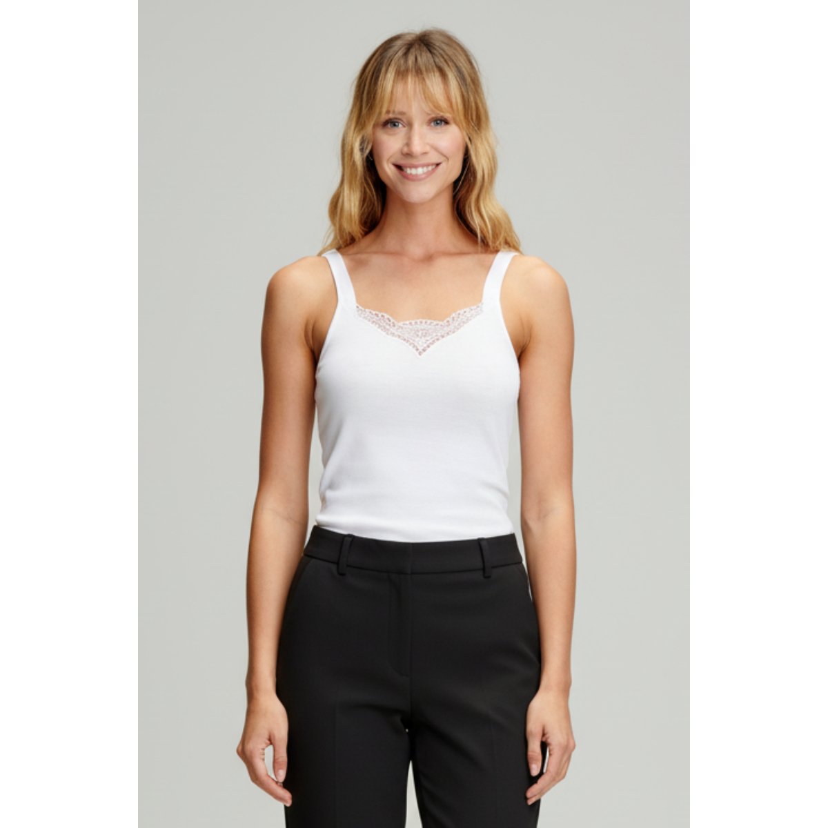 Débardeur col dentelle en coton léger bio blanc, ARMOR-LUX